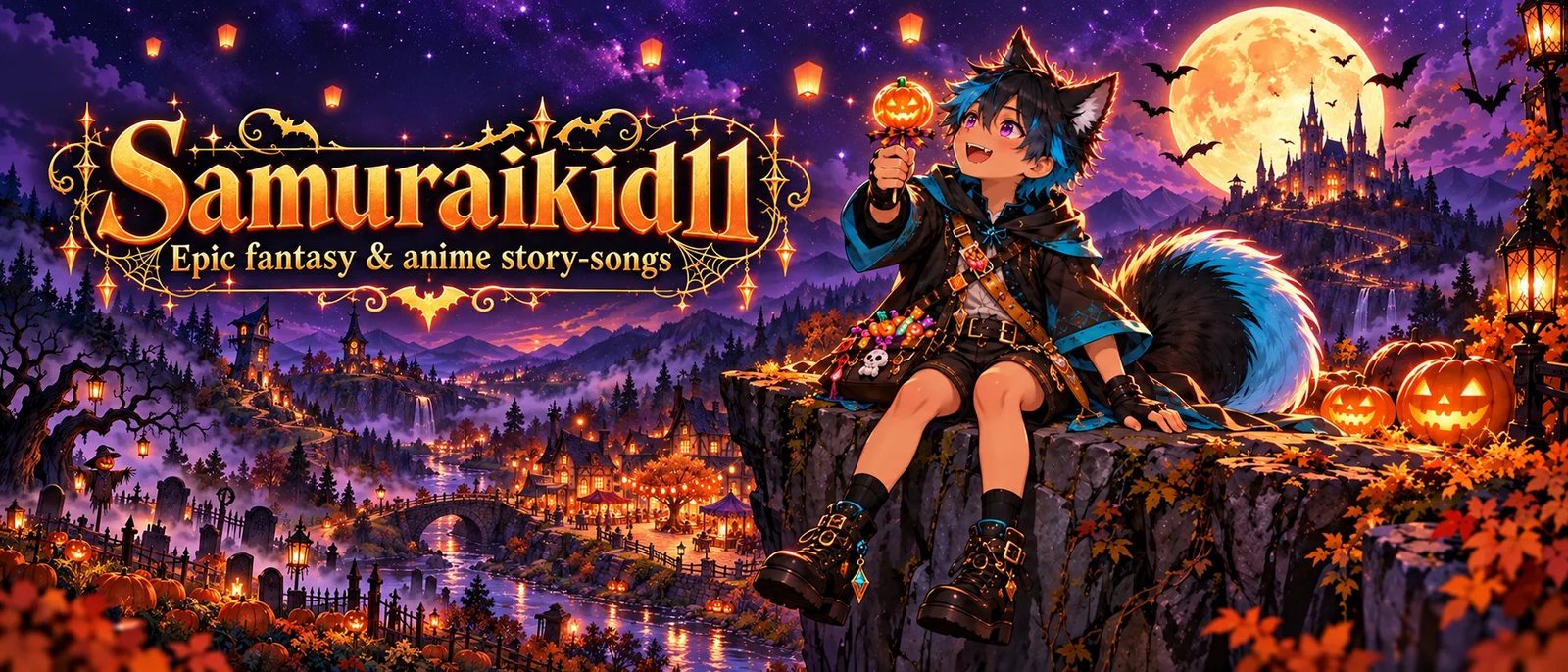 Enzio sitting on a cliff above a glowing Halloween kingdom, holding a pumpkin lollipop